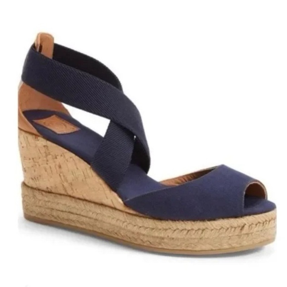 Tory Burch Natanya Wedge Espadrille Sandals Navy Blue